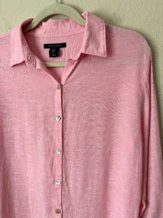 Tahari Linen Blend Lagenlook Beachy Button Down Longline Tunic Top - Picture 3 of 8